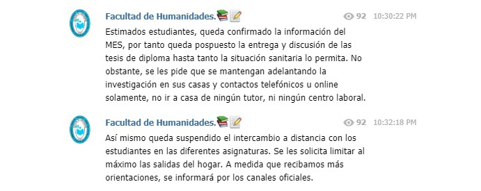 Grupo de Telegram de la Facultad de Humanidades de la UCLV.