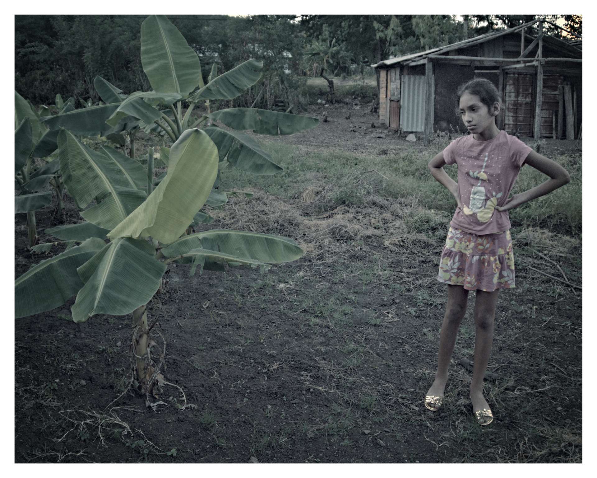 Niña de pie junto a un platanal joven, con expresión seria, frente a una casa rústica en el campo.