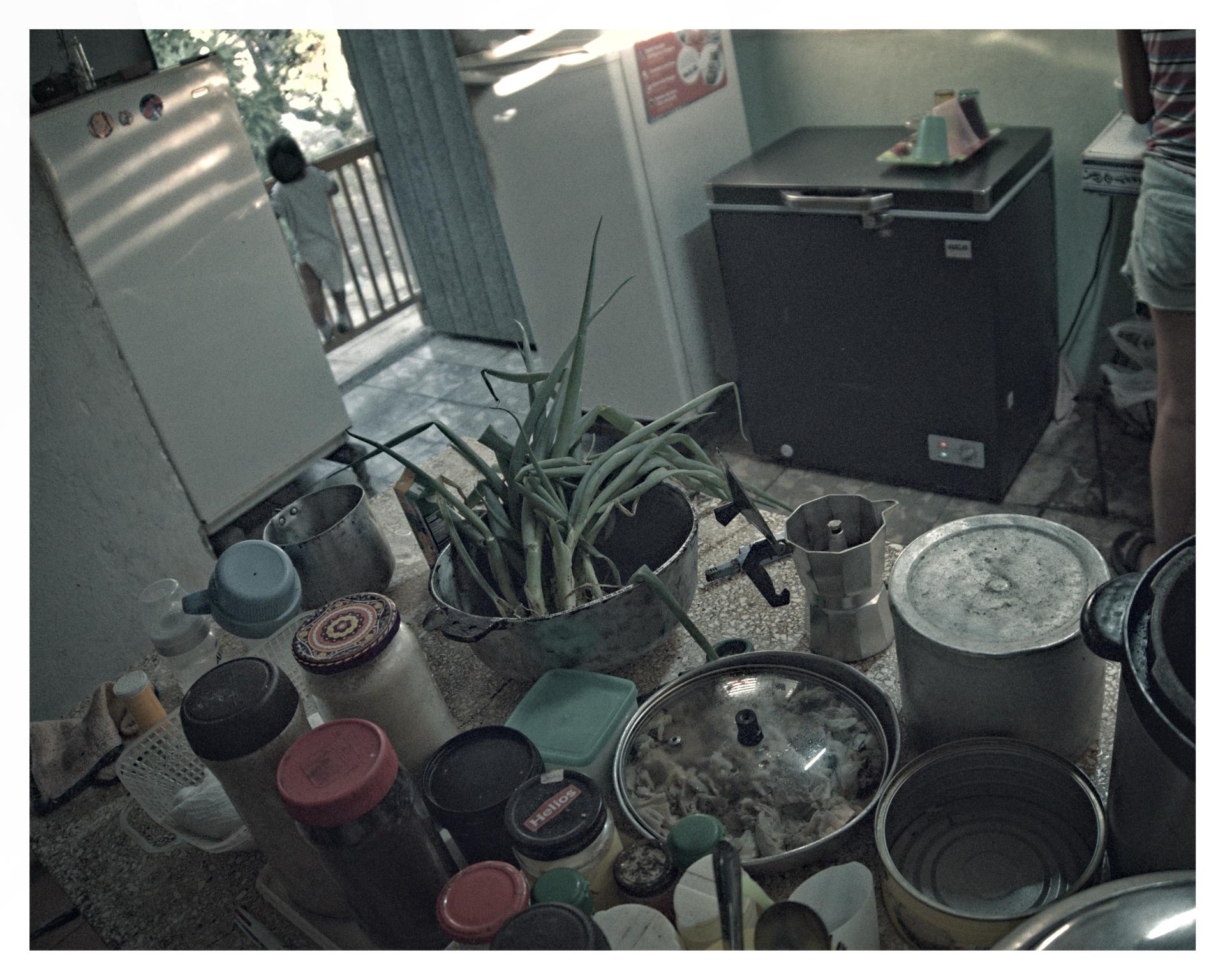 Mesa de cocina llena de envases y utensilios, con una planta de cebollinos en el centro y una niña al fondo tras una reja.