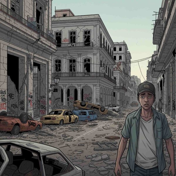 Un joven observa una calle de La Habana completamente destruida, con autos volcados y edificios en ruinas. Concept art de "El Despertar de los Sordos". (Crédito: Frank Lahera O’Callaghan / El Despertar de los Sordos).