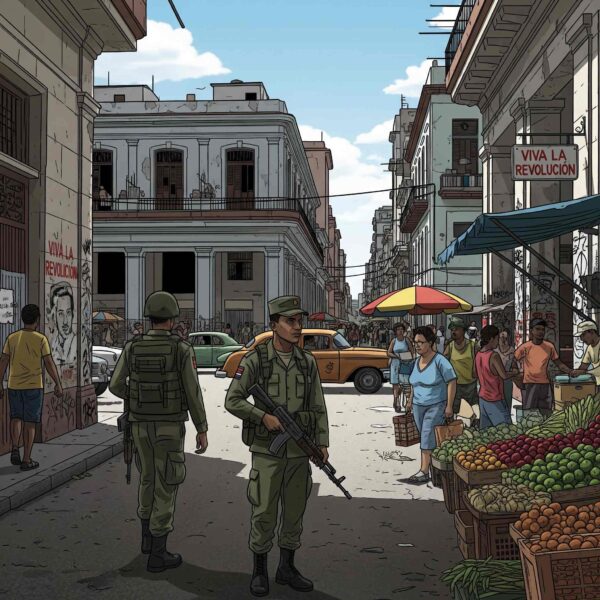 Ilustración de dos soldados armados patrullando una calle de un mercado en Cuba, entre civiles y grafitis de "Viva la Revolución". Concept art de "El Despertar de los Sordos". (Crédito: Frank Lahera O’Callaghan / El Despertar de los Sordos).