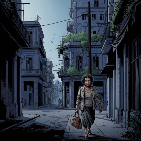 Ilustración de una mujer mayor caminando sola por una calle en ruinas de La Habana, en la película "El Despertar de los Sordos". (Crédito: Frank Lahera O’Callaghan / El Despertar de los Sordos).
