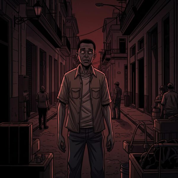 Un hombre con la mirada perdida y ojos blancos, representando a los "zombies mentales" adoctrinados en "El Despertar de los Sordos". (Crédito: Frank Lahera O’Callaghan / El Despertar de los Sordos).