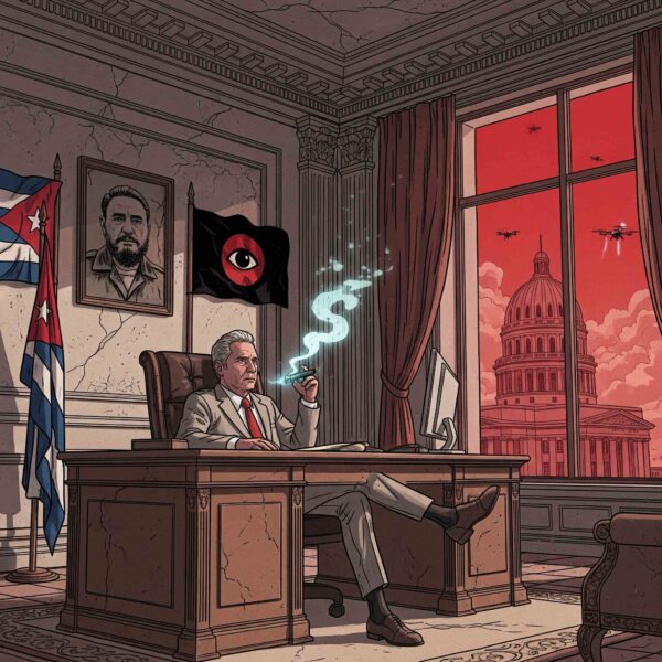 Ilustración de un líder político en un despacho con un retrato de Fidel Castro y una bandera de vigilancia. Afuera se ve el Capitolio y drones. Concept art de "El Despertar de los Sordos". (Crédito: Frank Lahera O’Callaghan / El Despertar de los Sordos).