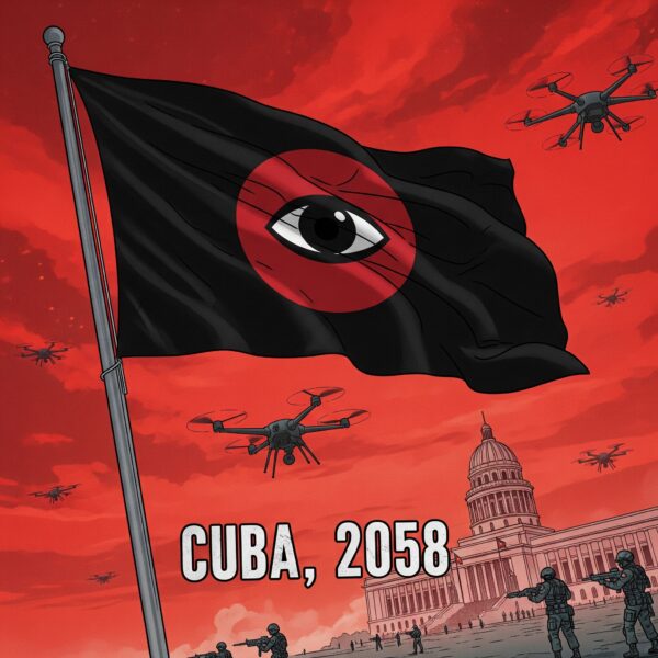 Ilustración de la Cuba distópica de 2058, con una bandera de vigilancia (un ojo), drones y soldados frente al Capitolio. Concept art de "El Despertar de los Sordos". (Crédito: Frank Lahera O’Callaghan / El Despertar de los Sordos).