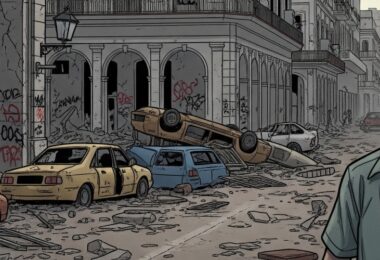 Ilustración de la protagonista Ana cuando era niña, escondiéndose de soldados armados. Escena de "El Despertar de los Sordos". (Crédito: Frank Lahera O’Callaghan / El Despertar de los Sordos).